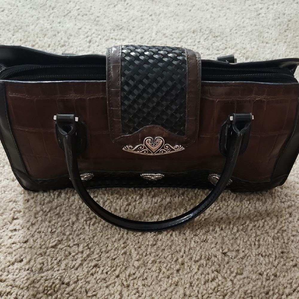 Brown and Black Handbag with Woven Detail
